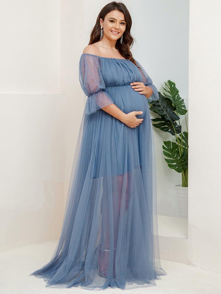 Plus Size Off-Shoulder Tulle Double Skirt Maxi Maternity Dress#color_Dusty Blue