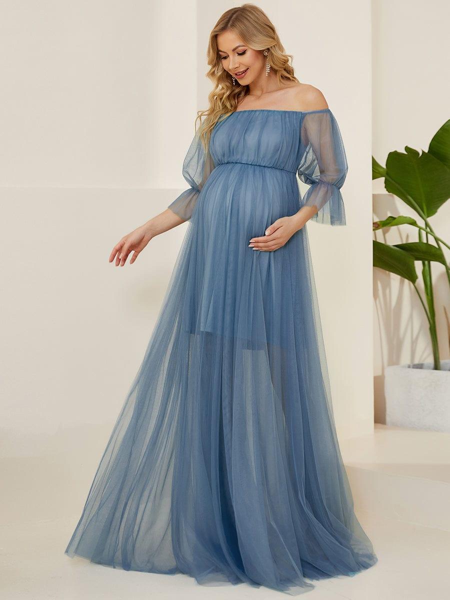 Sheer Off-Shoulder Double Skirt Maxi Maternity Dress #color_Dusty Blue