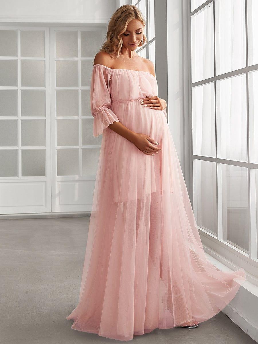 Sheer Off-Shoulder Double Skirt Maxi Maternity Dress #color_Pink