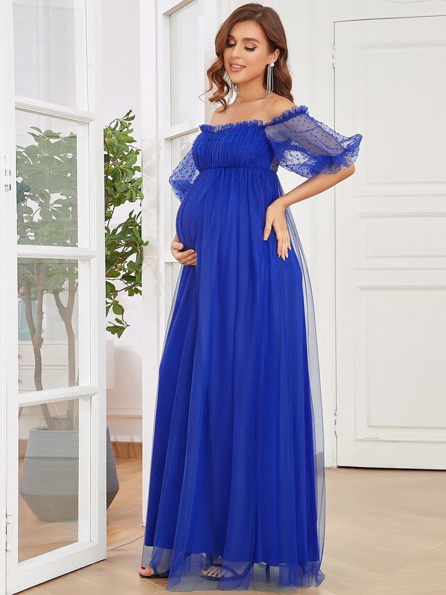 Short Balloon Sleeve Sheer Polka Dot A-Line Maternity Dress #color_Sapphire Blue Short Balloon Sleeve Sheer Polka Dot A-Line Maternity Dress