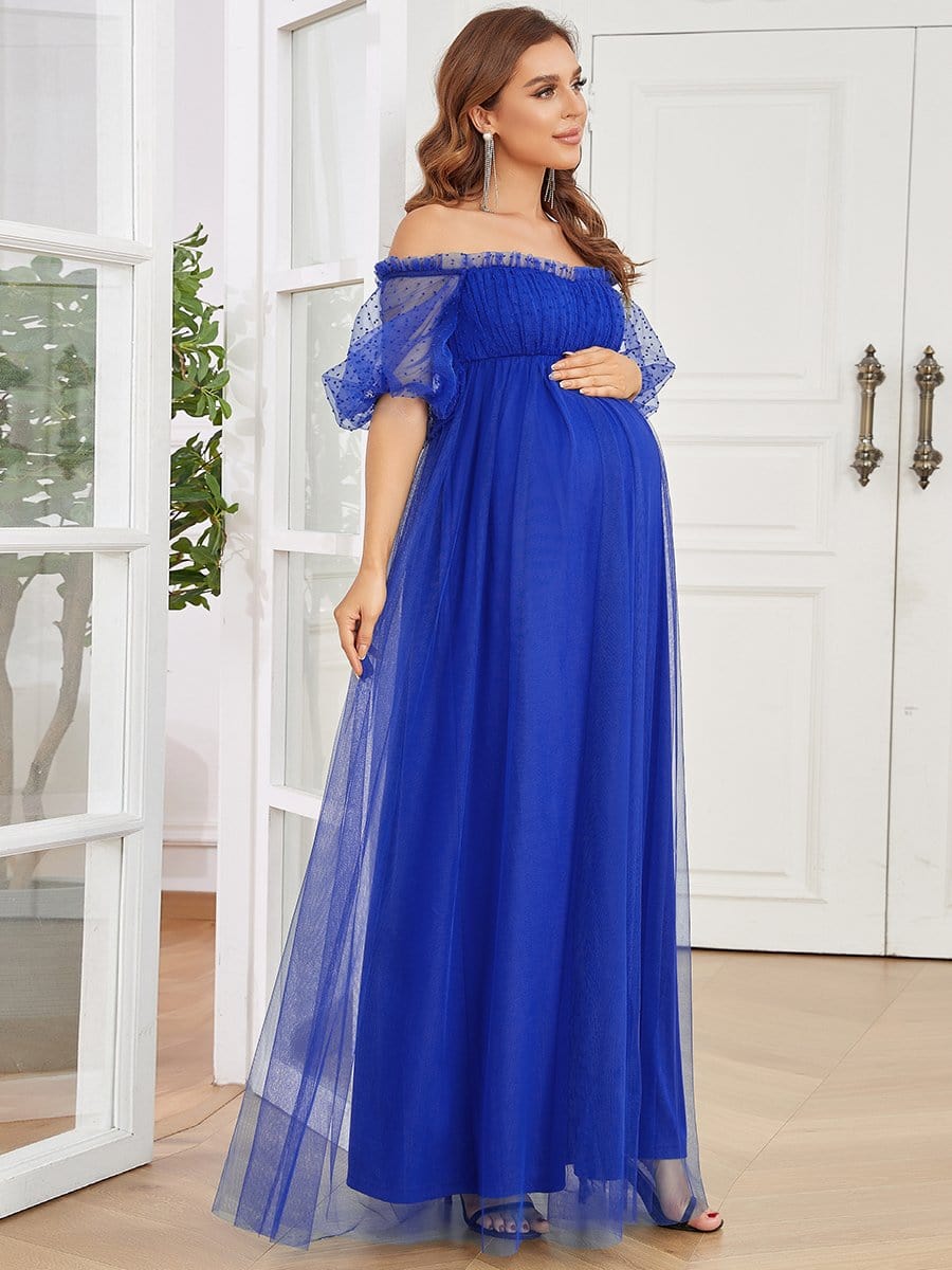 Short Balloon Sleeve Sheer Polka Dot A-Line Maternity Dress #color_Sapphire Blue Short Balloon Sleeve Sheer Polka Dot A-Line Maternity Dress