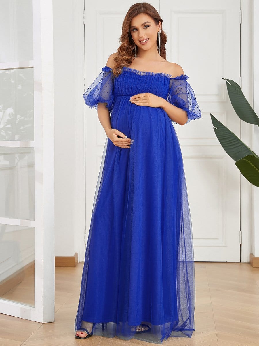 Short Balloon Sleeve Sheer Polka Dot A-Line Maternity Dress #color_Sapphire Blue Short Balloon Sleeve Sheer Polka Dot A-Line Maternity Dress