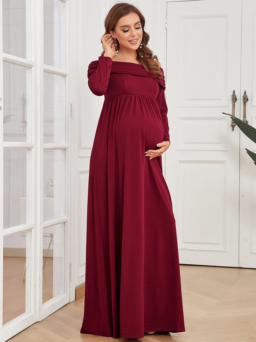 Color=Burgundy | Empire Waist Long Sleeve A-Line Bump Friendly Dress-Burgundy 1 Color=Burgundy | Empire Waist Long Sleeve A-Line Bump Friendly Dress-Burgundy 4