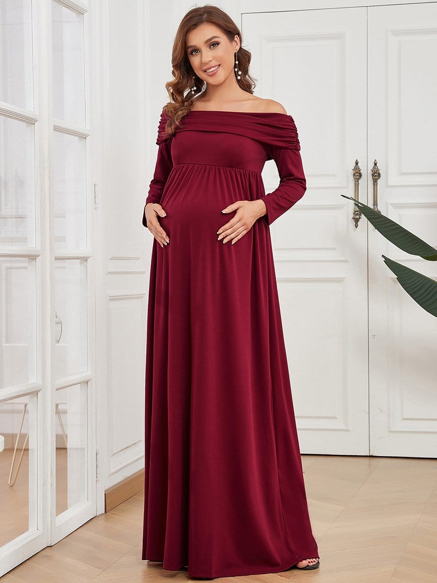 Color=Burgundy | Empire Waist Long Sleeve A-Line Bump Friendly Dress-Burgundy 1 Color=Burgundy | Empire Waist Long Sleeve A-Line Bump Friendly Dress-Burgundy 1