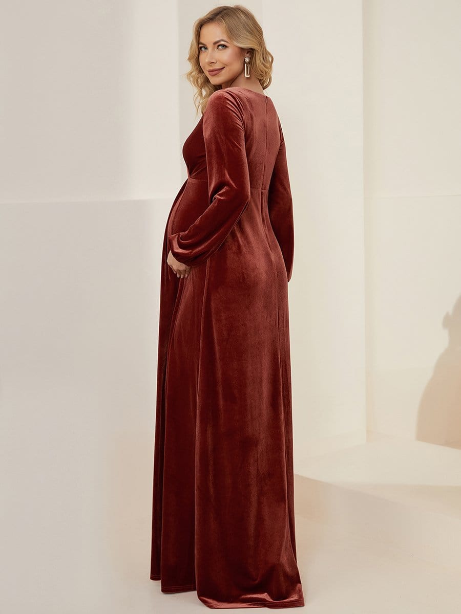 Long Sleeve Velvet V-Neck Front Slit Floor-Length Bump Friendly Dress