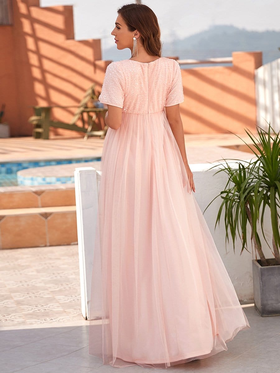 Color=Pink | Short Sleeve Sequin Floor-Length Empire Waist Maternity Dress-Pink 1 Color=Pink | Short Sleeve Sequin Floor-Length Empire Waist Maternity Dress-Pink 2