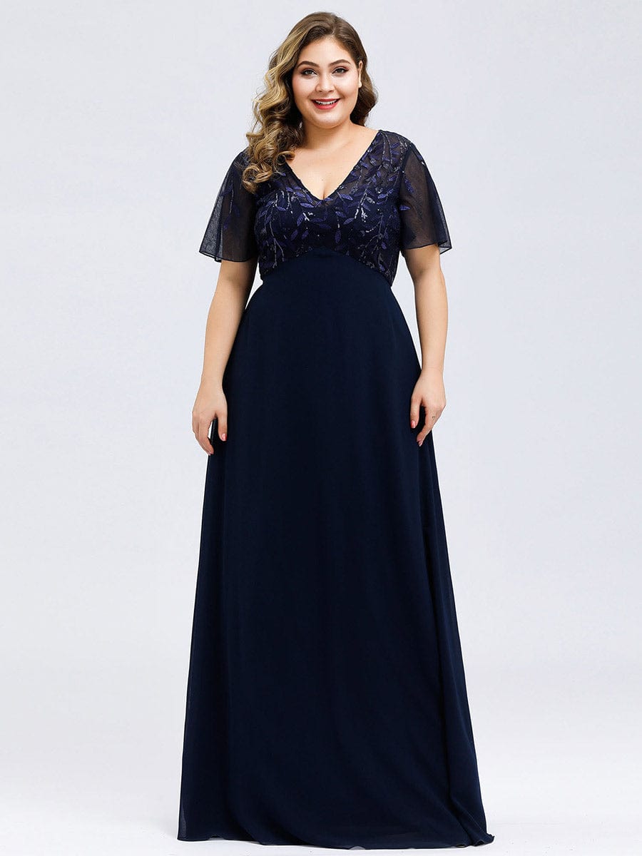 Custom Size Sequin Chiffon Evening Dresses with Sleeves #color_Navy Blue Custom Size Sequin Chiffon Evening Dresses with Sleeves