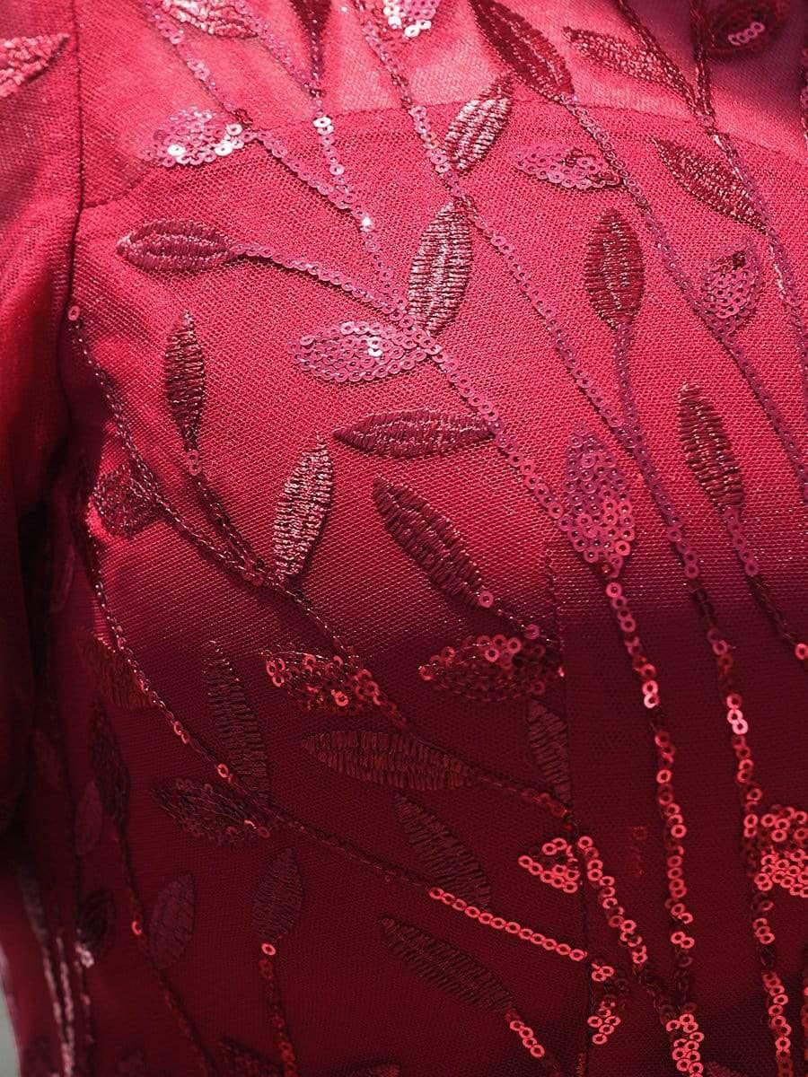 Floral Sequin Print Plus Size Mermaid Tulle Evening Dress #color_Burgundy