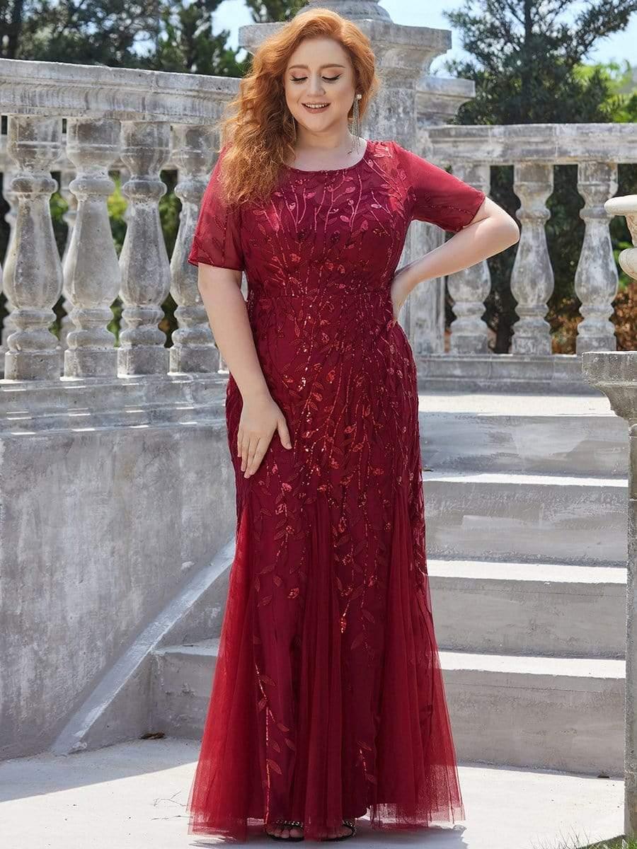 Floral Sequin Print Plus Size Mermaid Tulle Evening Dress #color_Burgundy