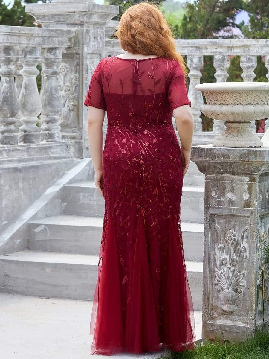Floral Sequin Print Plus Size Mermaid Tulle Evening Dress #color_Burgundy