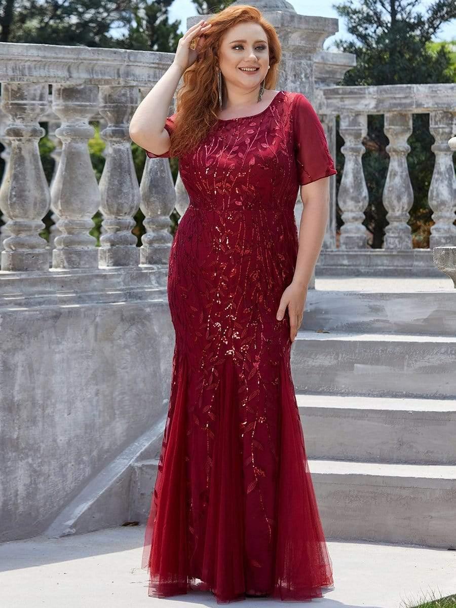 Floral Sequin Print Plus Size Mermaid Tulle Evening Dress #color_Burgundy