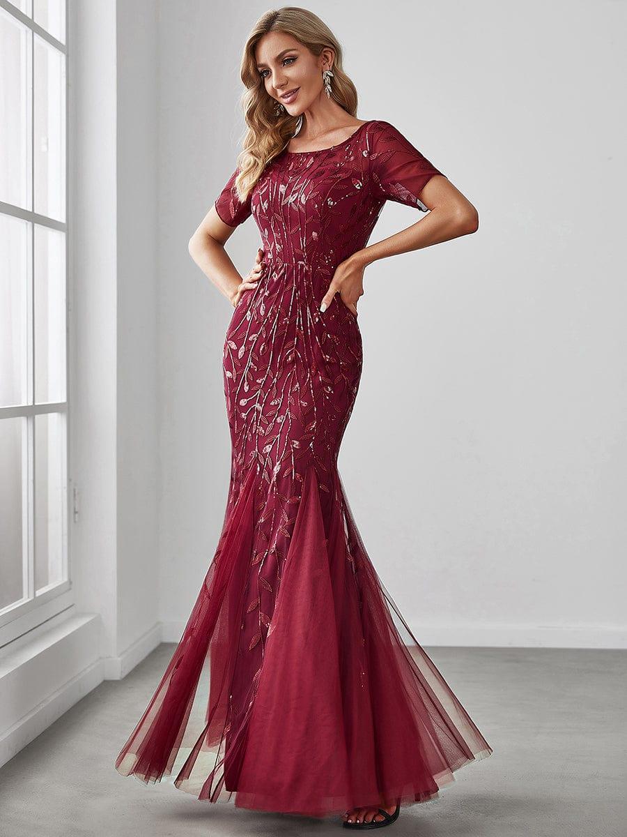 Floral Sequin Maxi Fishtail Tulle Prom Dress with Half Sleeve #Color_Dusty Blue ever JADEN|Floral Sequin Maxi Fishtail Tulle Formal Evening Dress with Short Sleeve