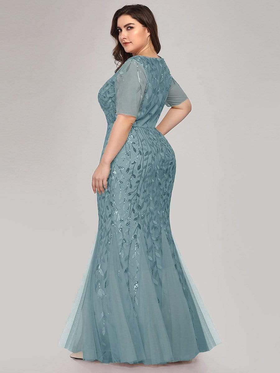 Floral Sequin Maxi Fishtail Tulle Prom Dress with Half Sleeve #Color_Light Teal