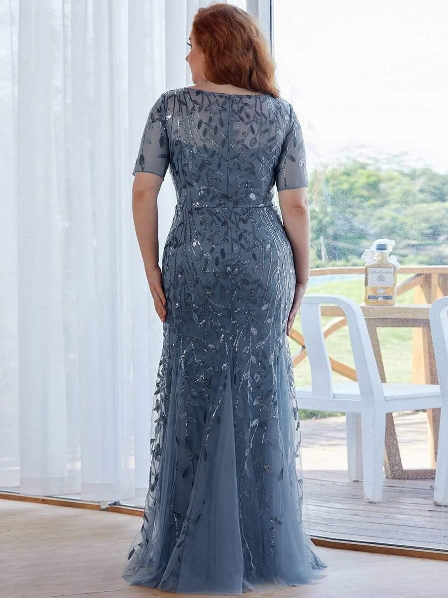 Floral Sequin Print Plus Size Mermaid Tulle Evening Dress #color_Dusty Blue
