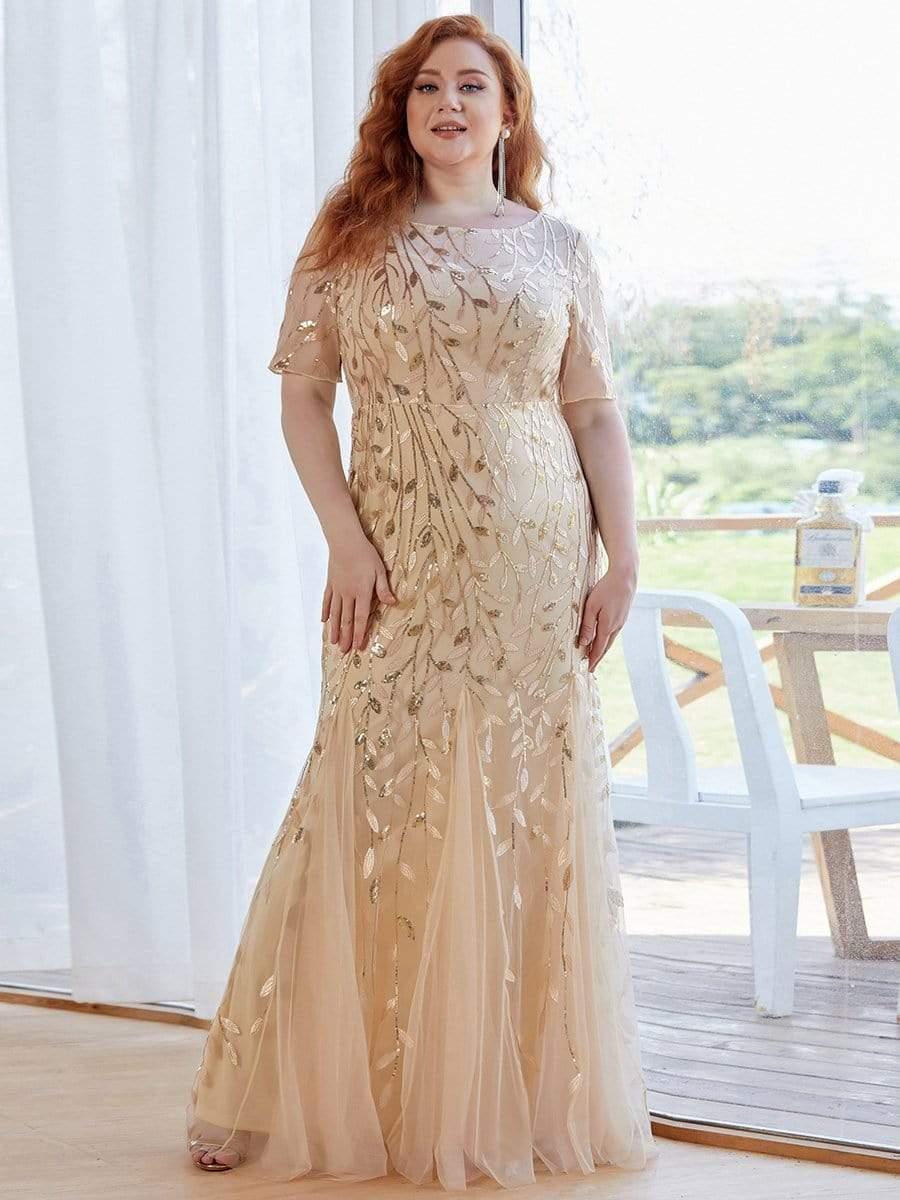 Floral Sequin Print Plus Size Mermaid Tulle Evening Dress #color_Gold