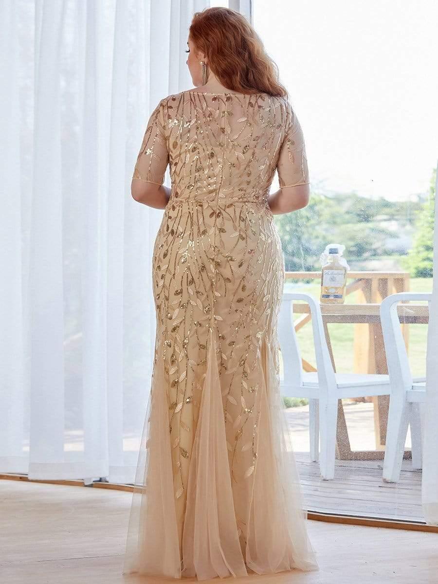 Floral Sequin Print Plus Size Mermaid Tulle Evening Dress #color_Gold