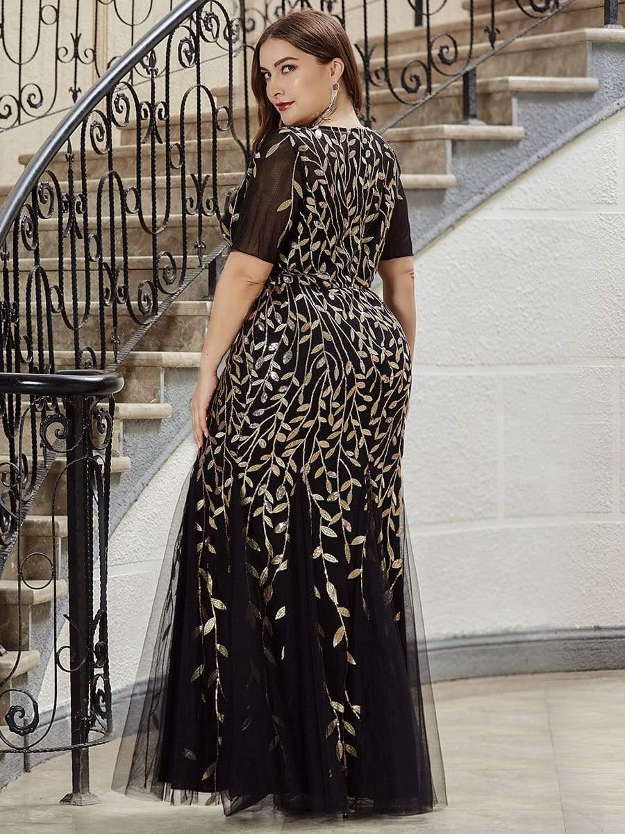 Floral Sequin Print Plus Size Mermaid Tulle Evening Dress #color_Black & Gold