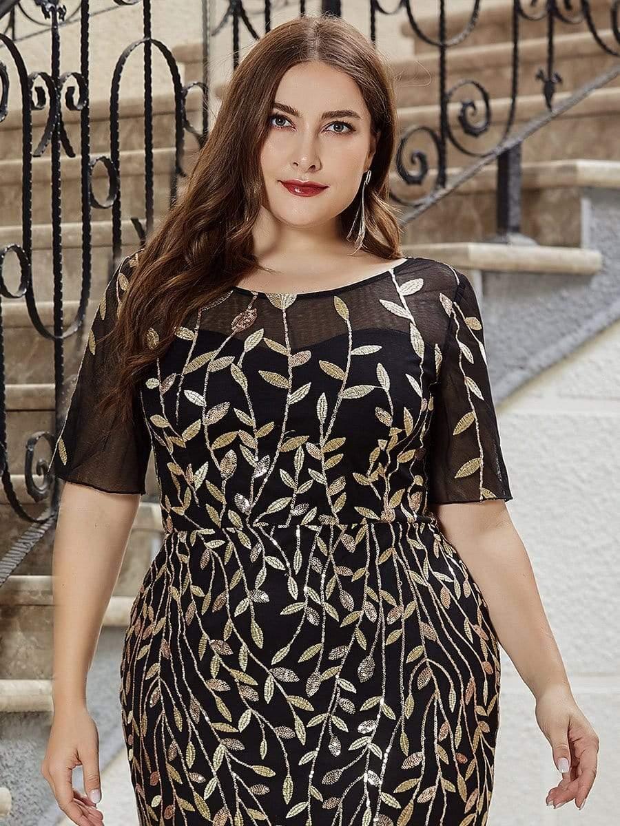 Floral Sequin Print Plus Size Mermaid Tulle Evening Dress #color_Black & Gold