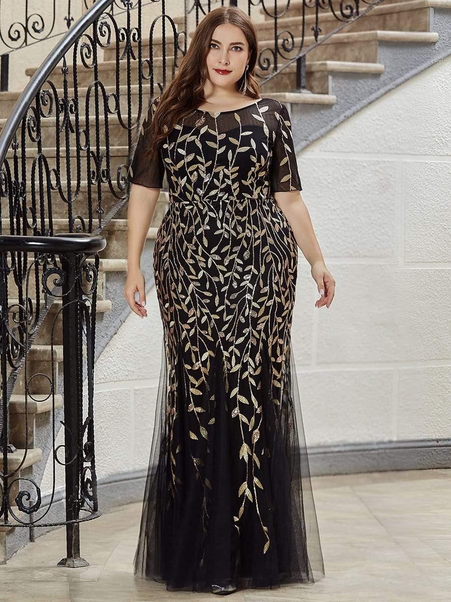 Floral Sequin Print Plus Size Mermaid Tulle Evening Dress #color_Black & Gold