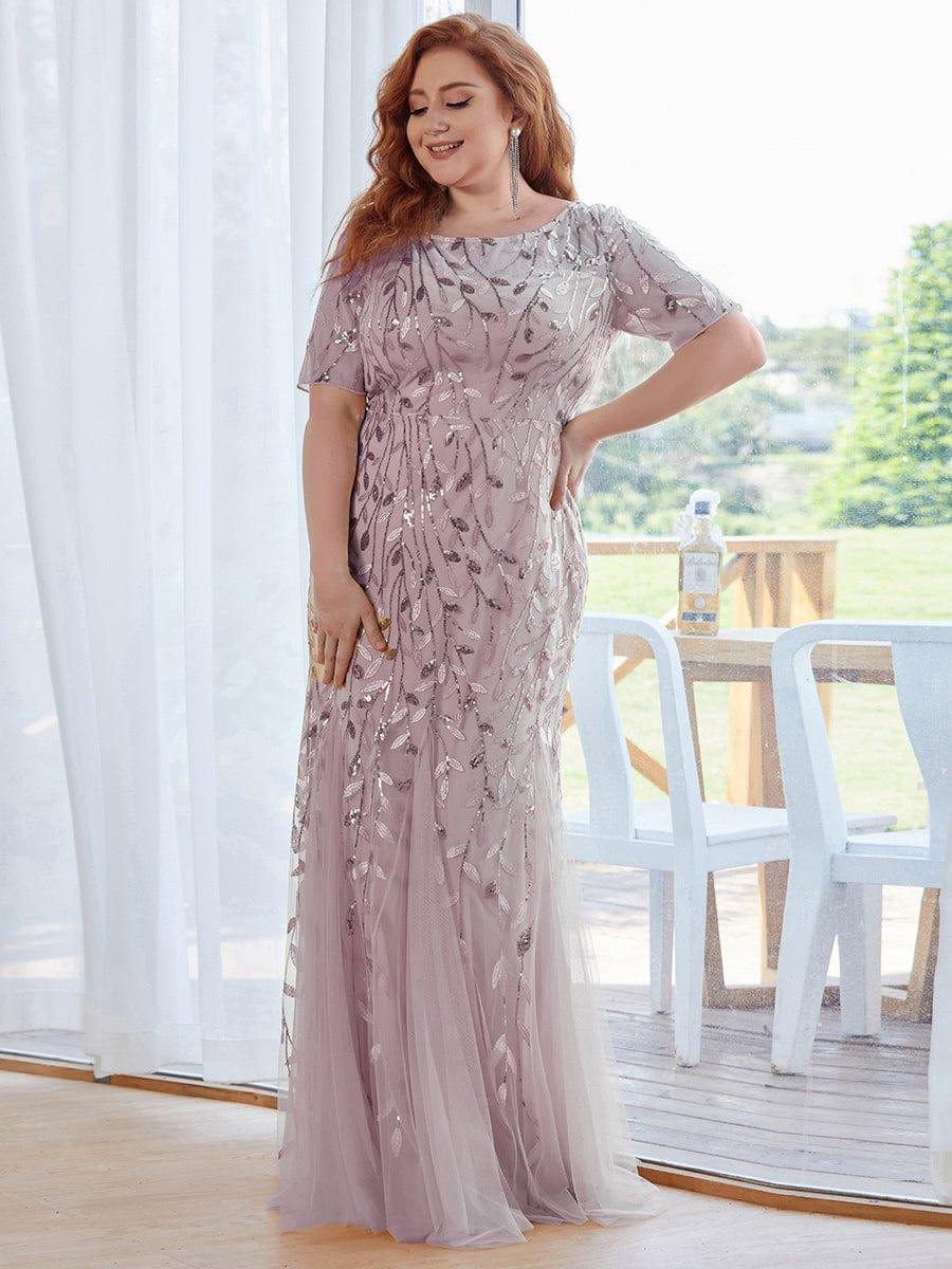 Floral Sequin Print Plus Size Mermaid Tulle Evening Dress #color_Lilac