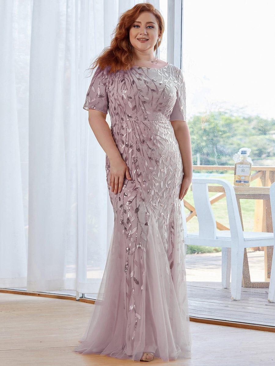 Floral Sequin Print Plus Size Mermaid Tulle Evening Dress #color_Lilac