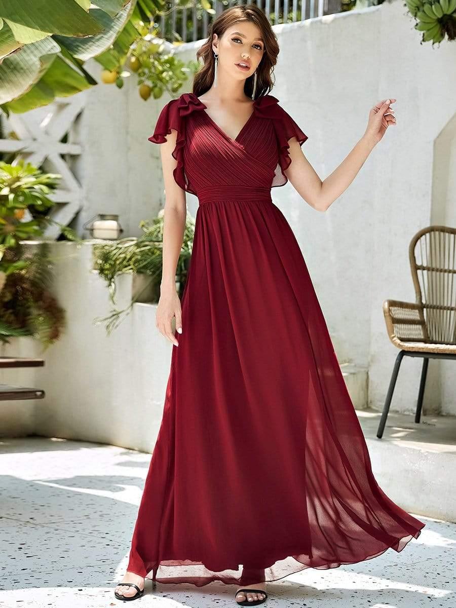 Elegant Pleated Bodice Ruffles Sleeves Chiffon Evening Dress #color_Burgundy