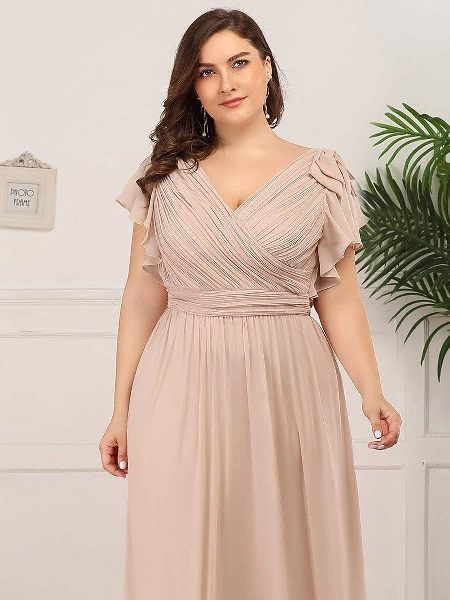 Plus Size Ruched Bodice Formal Evening Dresses with Ruffles Sleeves #color_Blush