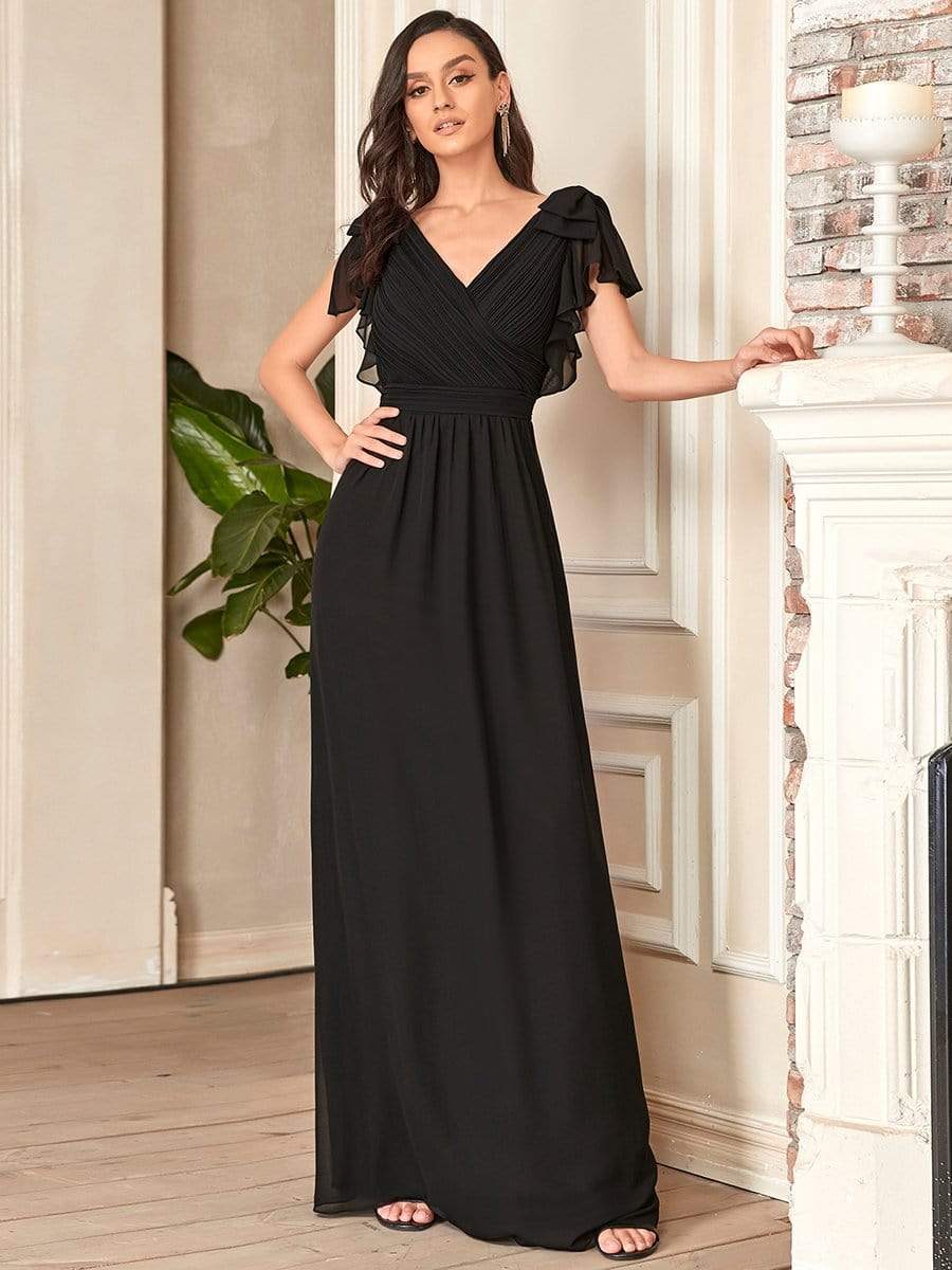 Elegant Pleated Bodice Ruffles Sleeves Chiffon Evening Dress