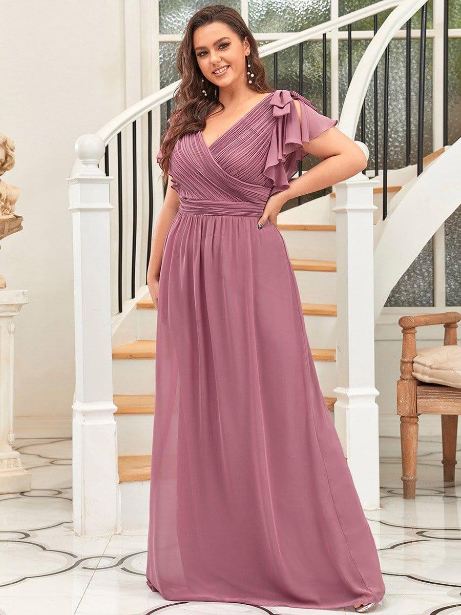 Elegant Pleated Bodice Ruffles Sleeves Chiffon Evening Dress #color_Purple Orchid