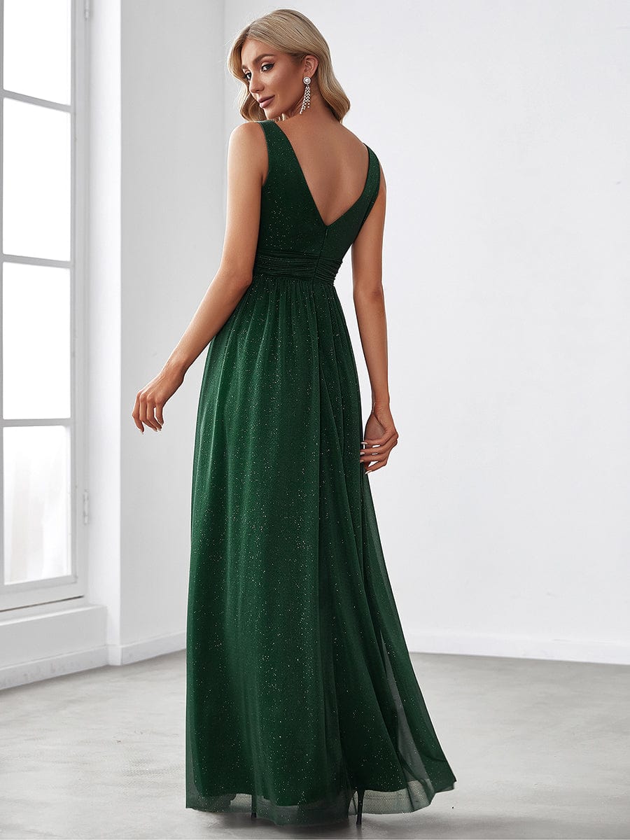 Double V Neck Floor Length Sparkly Evening Dresses for Party #color_Dark Green