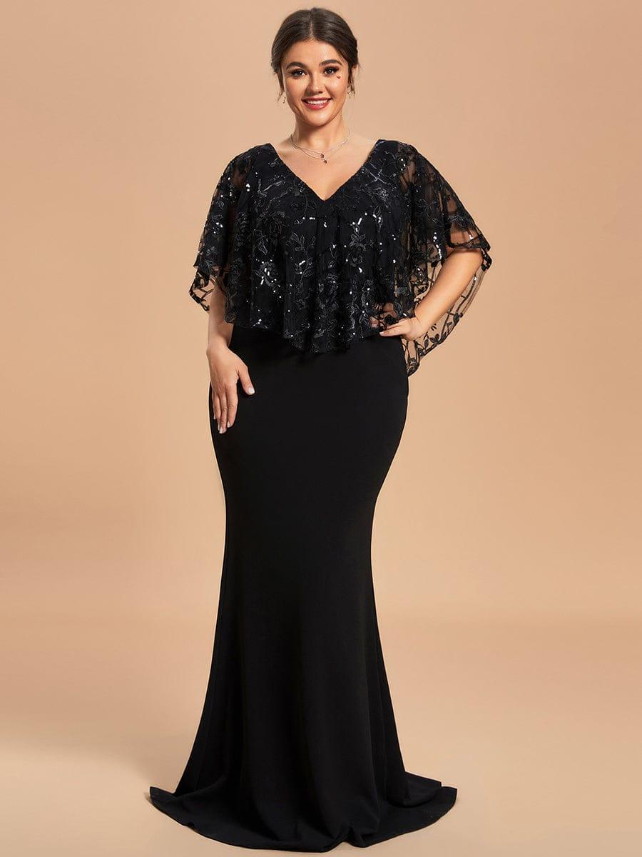 Plus Size Sequin Cape Short Sleeves Mermaid Formal Evening Dresses #color_Black