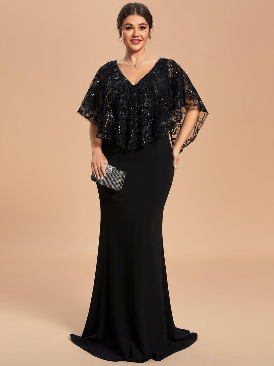 Plus Size Sequin Cape Short Sleeves Mermaid Formal Evening Dresses #color_Black