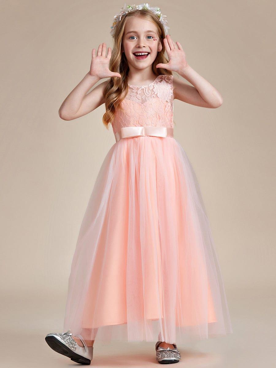 Princess Bow Sleeveless Lace Tulle Flower Girl Dress #color_Blush Princess Bow Sleeveless Lace Tulle Flower Girl Dress