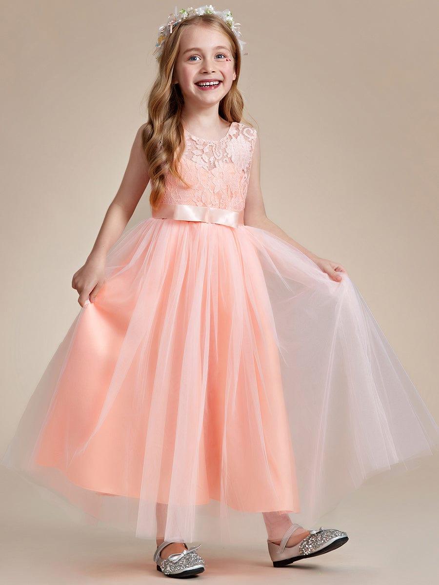 Princess Bow Sleeveless Lace Tulle Flower Girl Dress #color_Blush Princess Bow Sleeveless Lace Tulle Flower Girl Dress