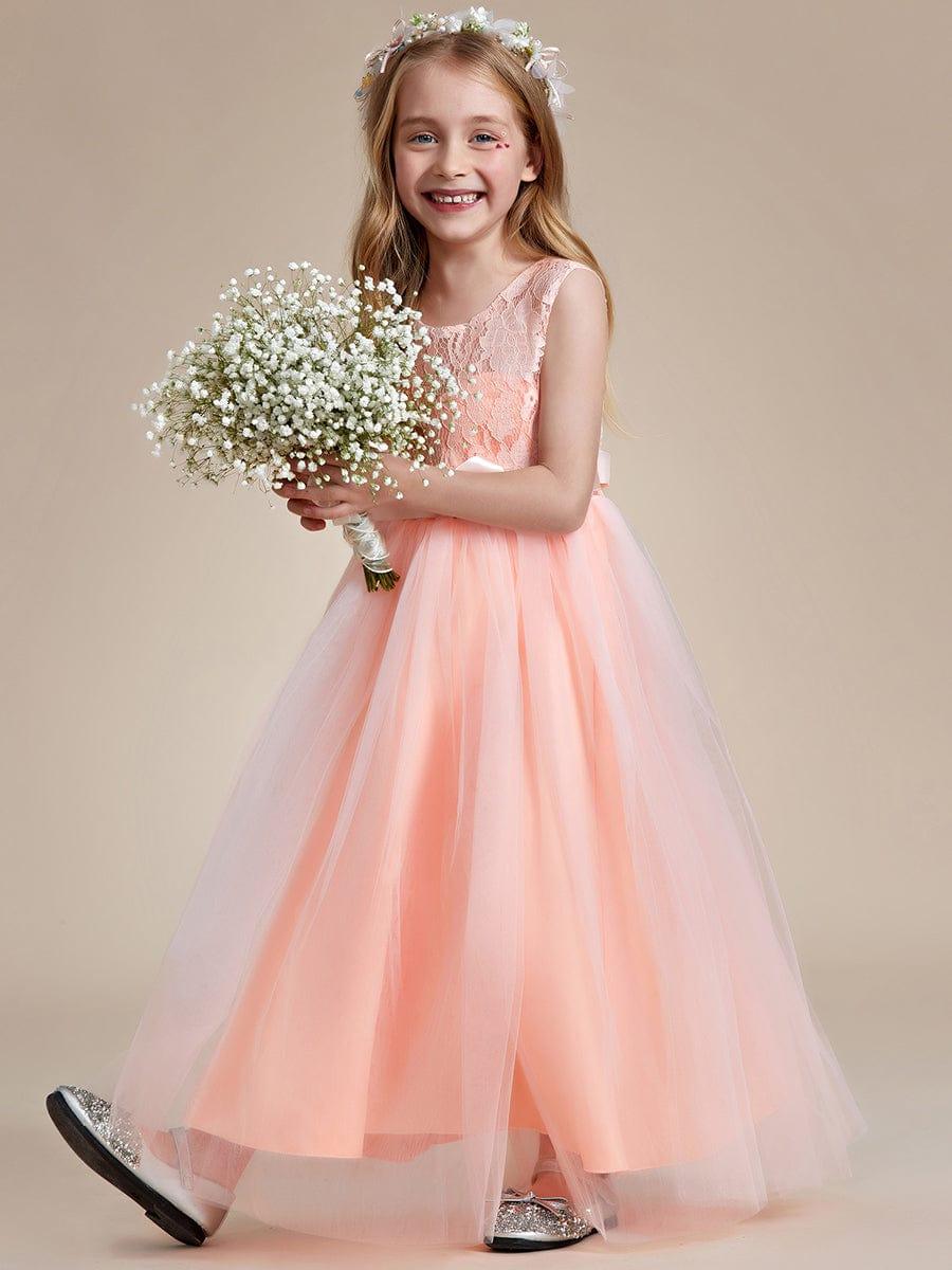 Princess Bow Sleeveless Lace Tulle Flower Girl Dress #color_Blush Princess Bow Sleeveless Lace Tulle Flower Girl Dress