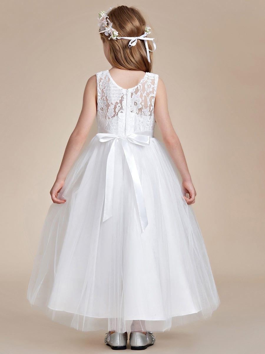 Princess Bow Sleeveless Lace Tulle Flower Girl Dress #color_Blush Princess Bow Sleeveless Lace Tulle Flower Girl Dress