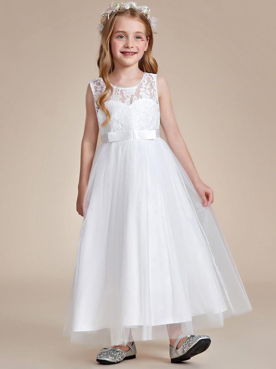 Princess Bow Sleeveless Lace Tulle Flower Girl Dress #color_Blush Princess Bow Sleeveless Lace Tulle Flower Girl Dress