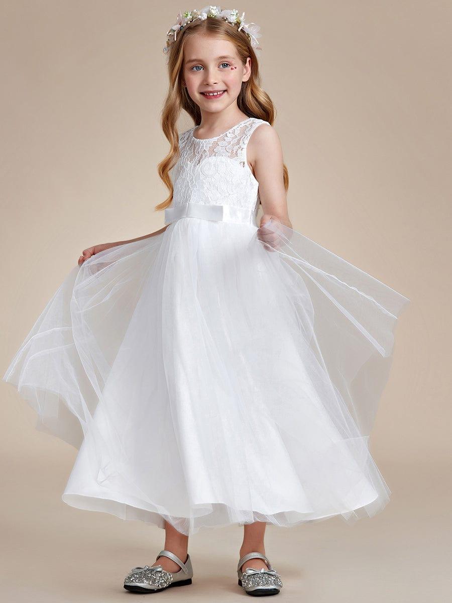 Princess Bow Sleeveless Lace Tulle Flower Girl Dress #color_Blush Princess Bow Sleeveless Lace Tulle Flower Girl Dress