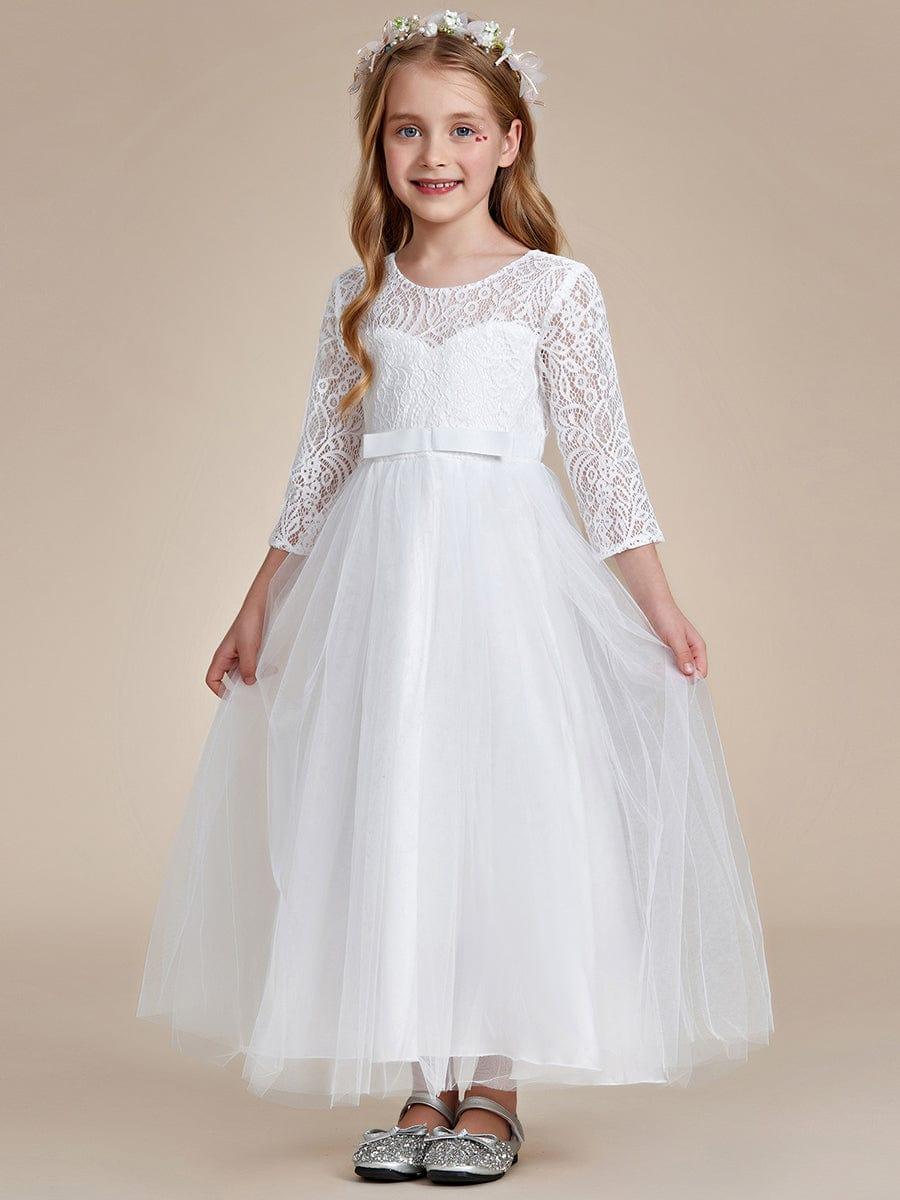 Charming Bow Lace Flower Girl Dress with Long Sleeves #color_White Charming Bow Lace Flower Girl Dress with Long Sleeves