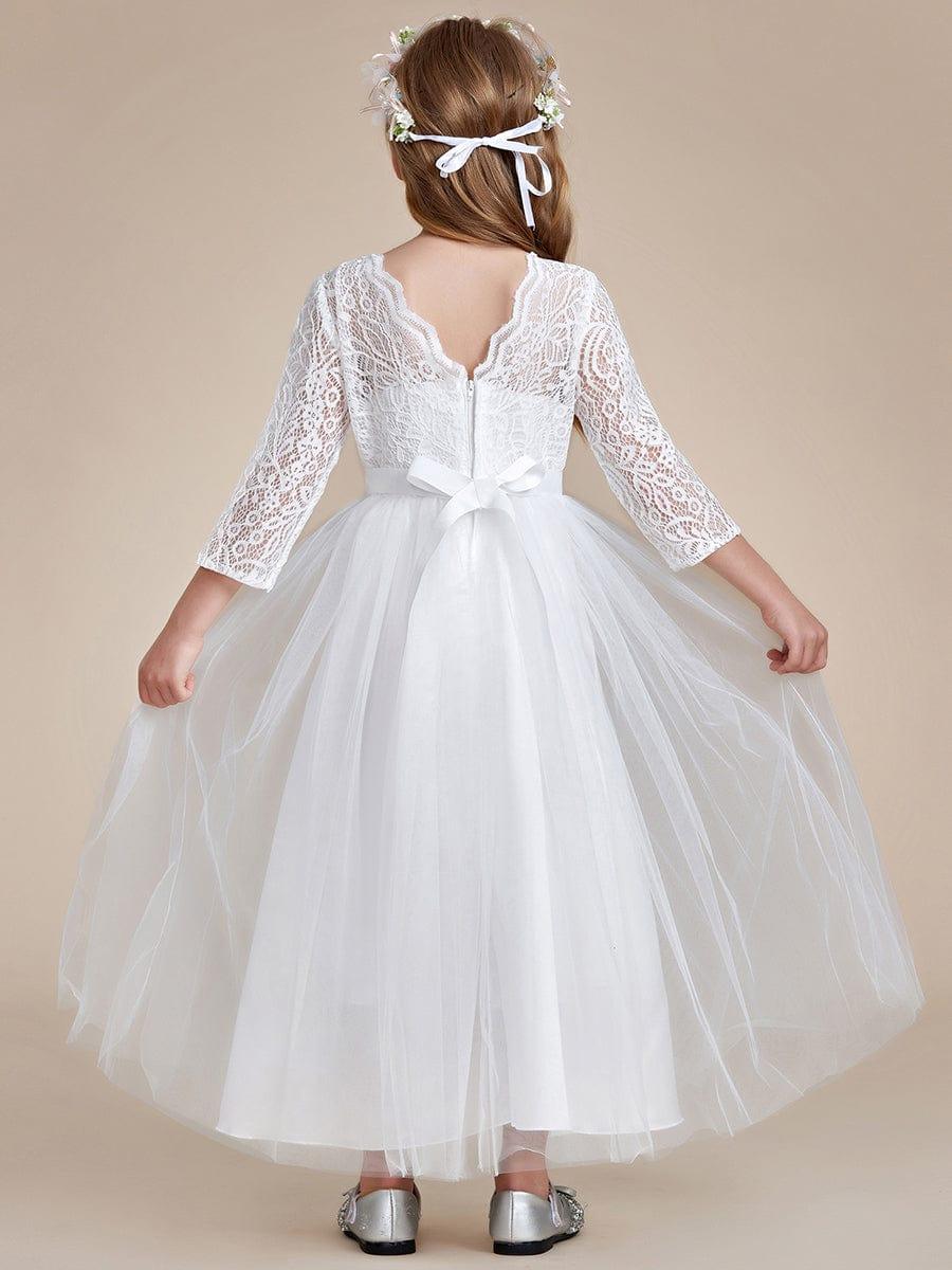 Charming Bow Lace Flower Girl Dress with Long Sleeves #color_White Charming Bow Lace Flower Girl Dress with Long Sleeves