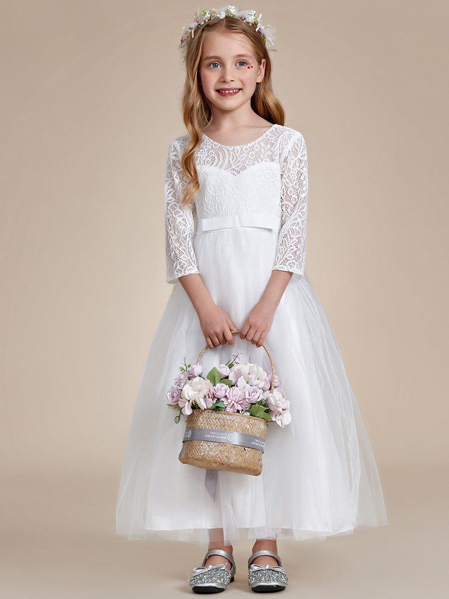 Charming Bow Lace Flower Girl Dress with Long Sleeves #color_White Charming Bow Lace Flower Girl Dress with Long Sleeves