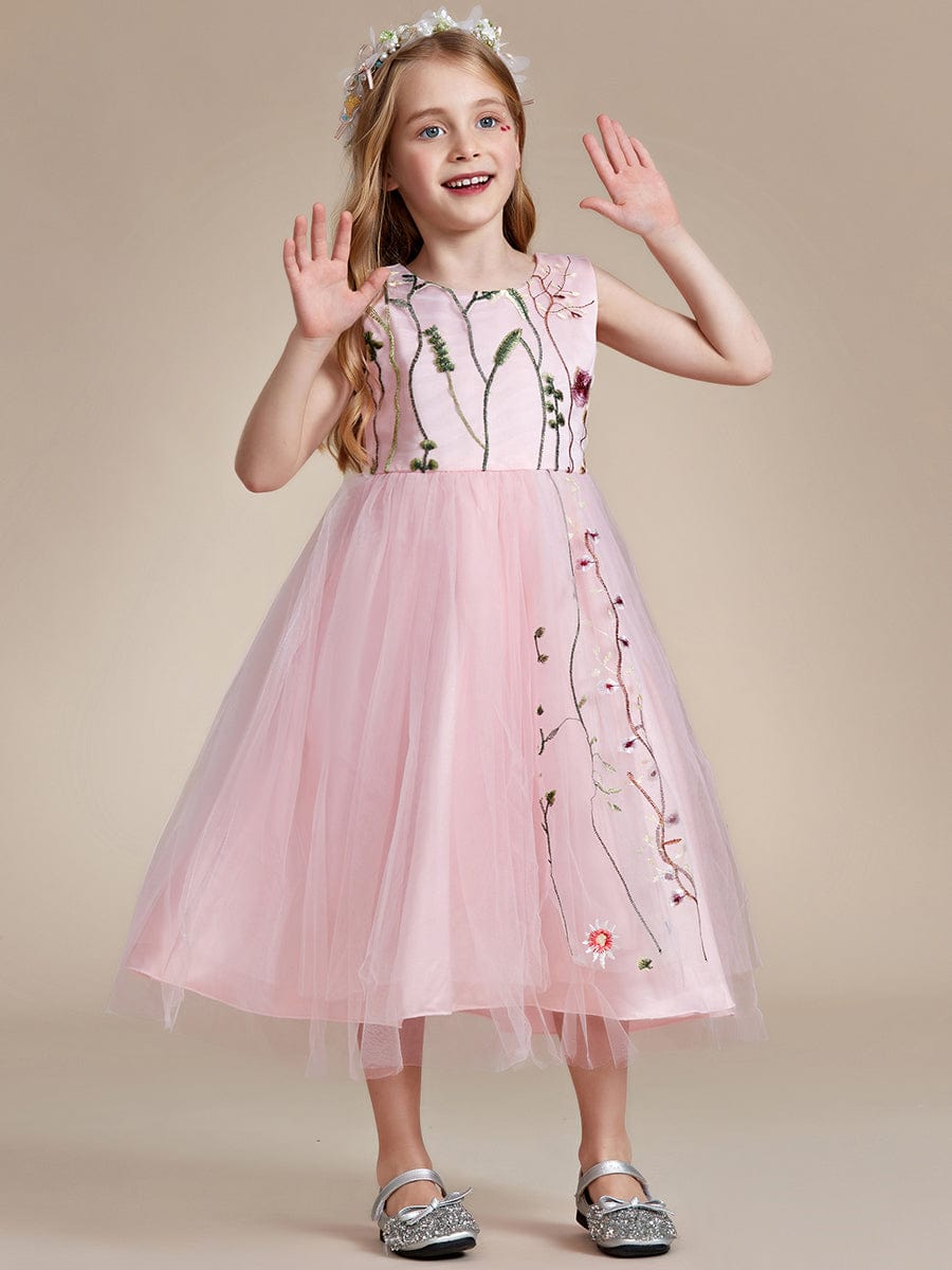Floral Embroidered Sleeveless Flower Girl Dress with Tulle Cover #color_White Floral Embroidered Sleeveless Flower Girl Dress with Tulle Cover