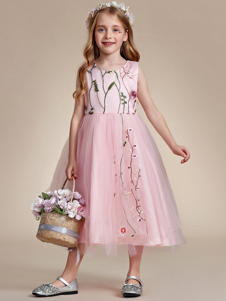 Floral Embroidered Sleeveless Flower Girl Dress with Tulle Cover #color_White Floral Embroidered Sleeveless Flower Girl Dress with Tulle Cover