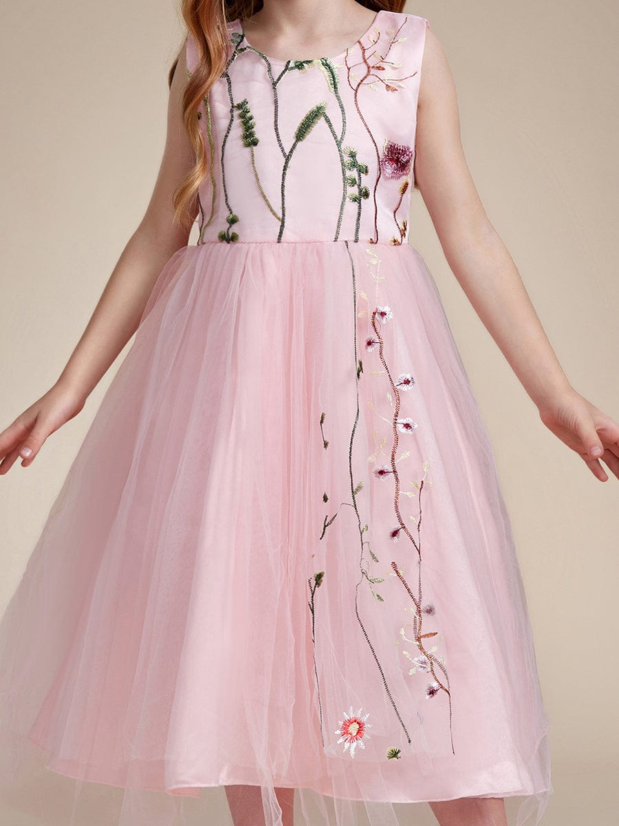 Floral Embroidered Sleeveless Flower Girl Dress with Tulle Cover #color_White Floral Embroidered Sleeveless Flower Girl Dress with Tulle Cover