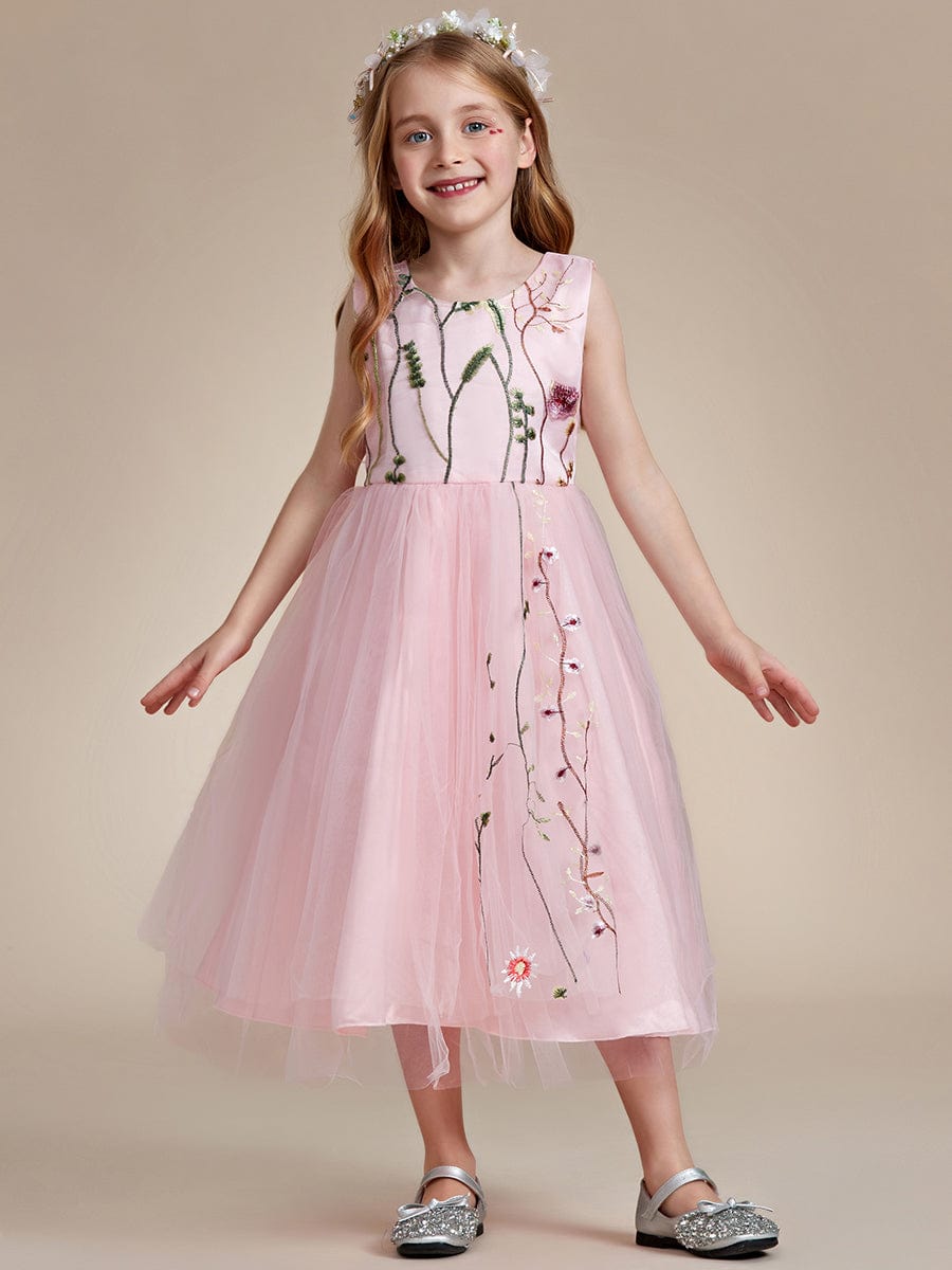 Floral Embroidered Sleeveless Flower Girl Dress with Tulle Cover #color_White Floral Embroidered Sleeveless Flower Girl Dress with Tulle Cover