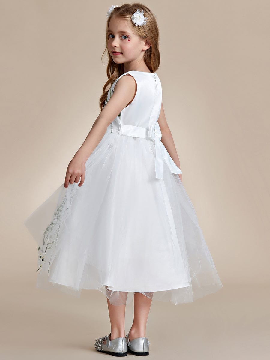 Floral Embroidered Sleeveless Flower Girl Dress with Tulle Cover #color_White Floral Embroidered Sleeveless Flower Girl Dress with Tulle Cover