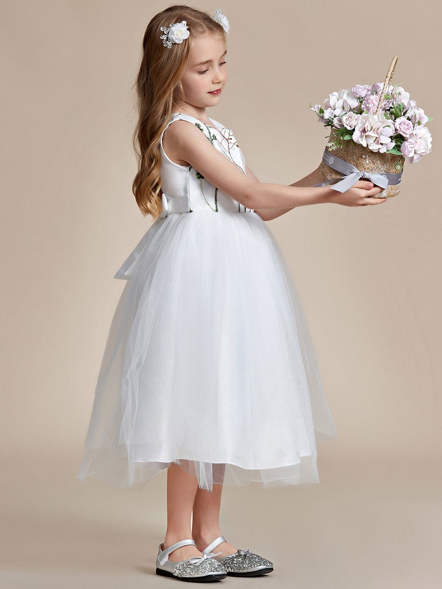 Floral Embroidered Sleeveless Flower Girl Dress with Tulle Cover #color_White Floral Embroidered Sleeveless Flower Girl Dress with Tulle Cover