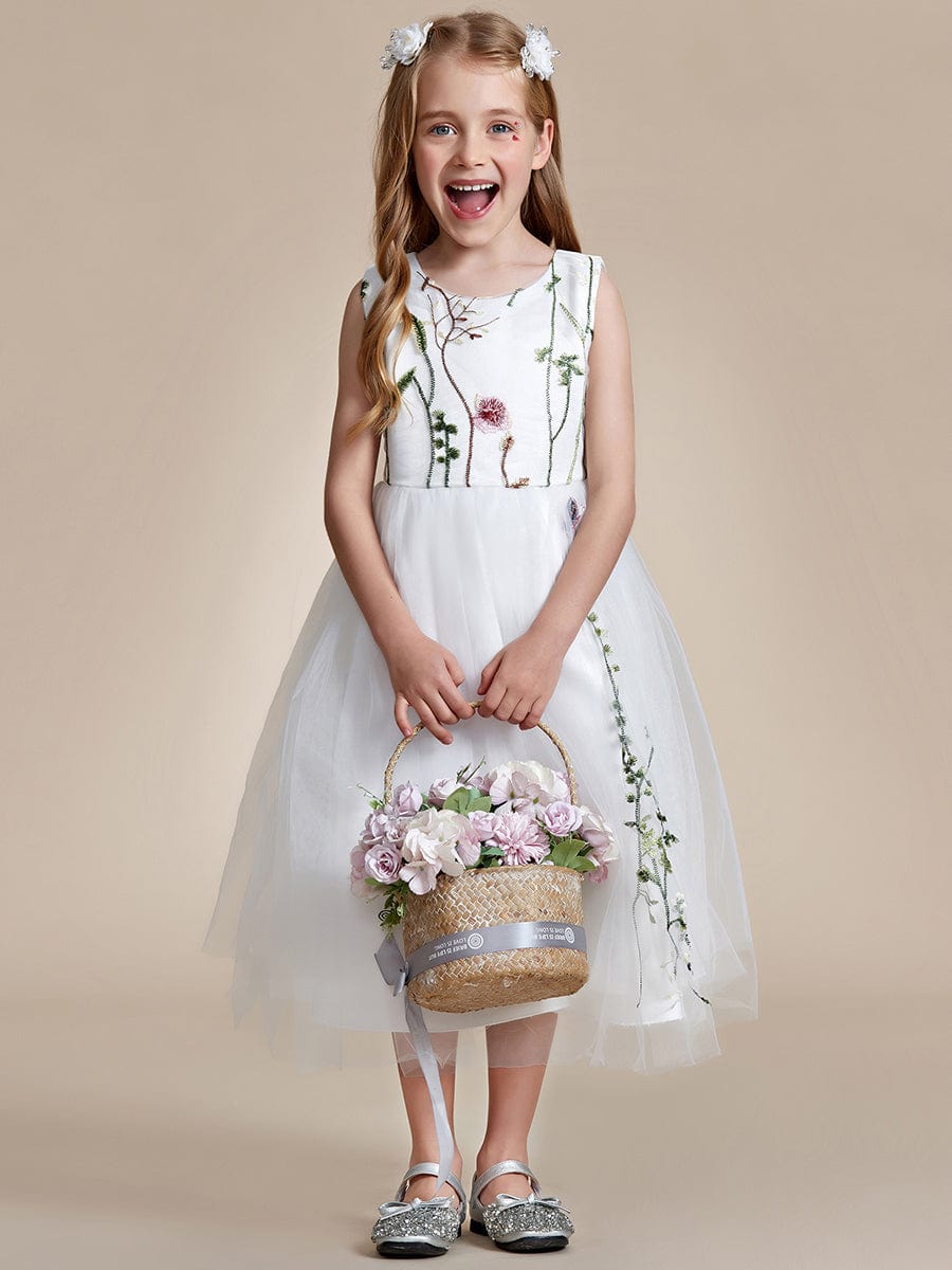 Floral Embroidered Sleeveless Flower Girl Dress with Tulle Cover #color_White Floral Embroidered Sleeveless Flower Girl Dress with Tulle Cover