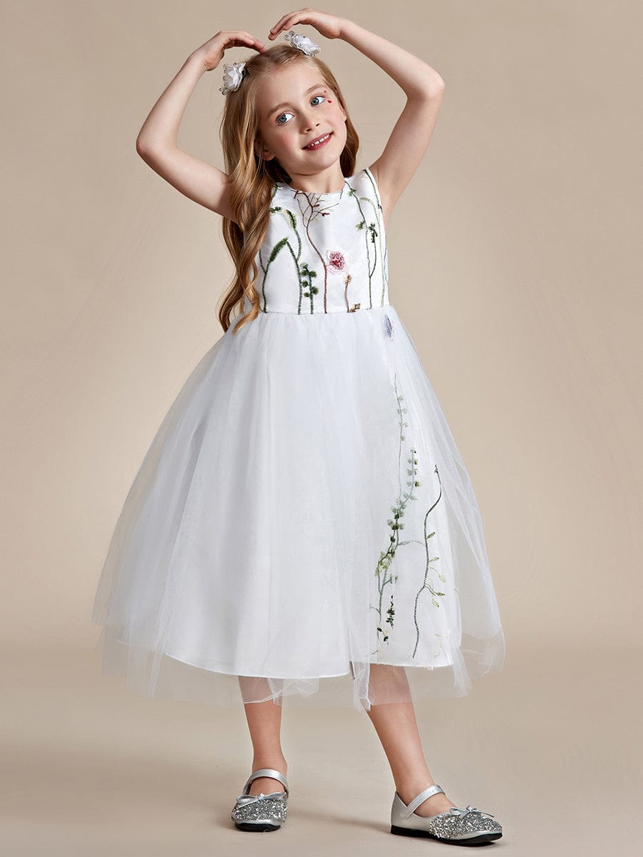 Floral Embroidered Sleeveless Flower Girl Dress with Tulle Cover #color_White Floral Embroidered Sleeveless Flower Girl Dress with Tulle Cover