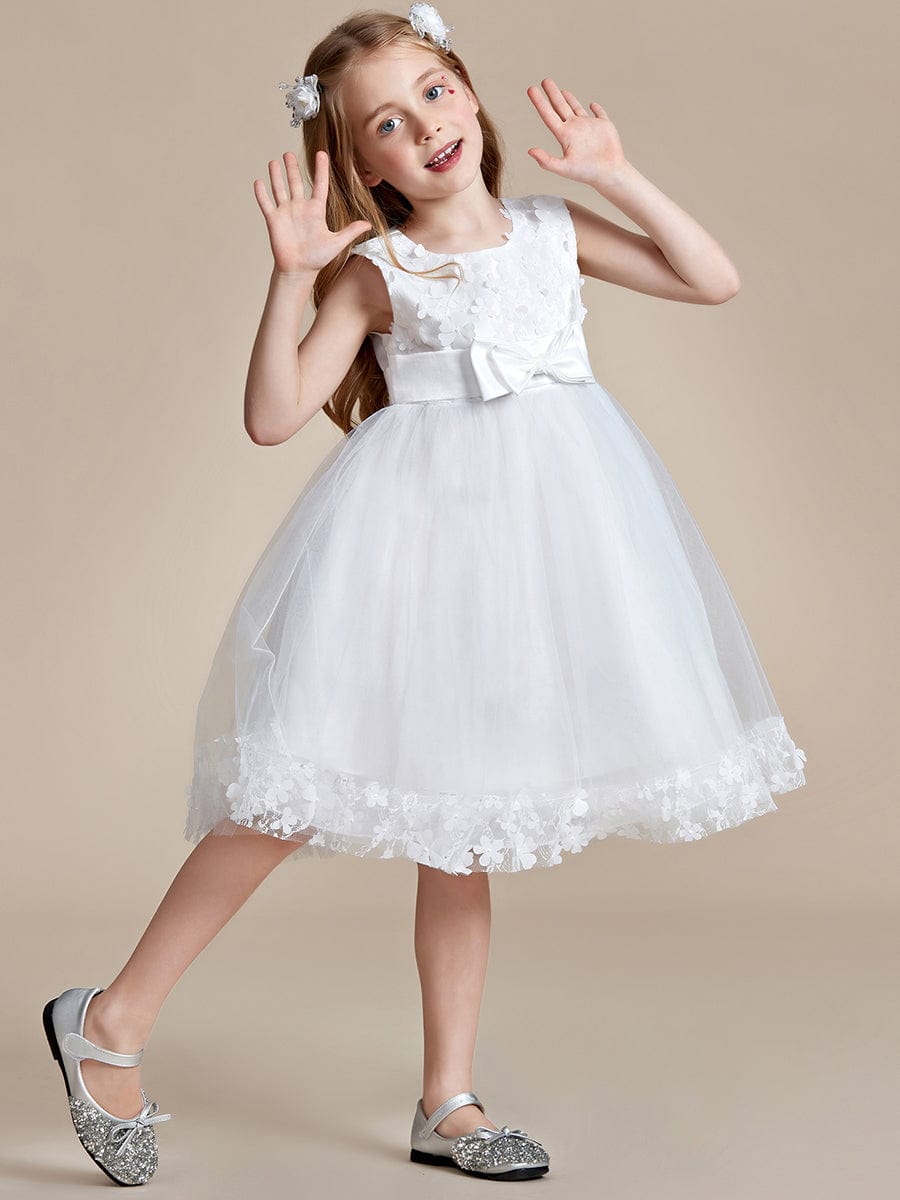 Flower Adorned Sheer Flower Girl Dress with Butterfly Bows #color_White Flower Adorned Sheer Flower Girl Dress with Butterfly Bows